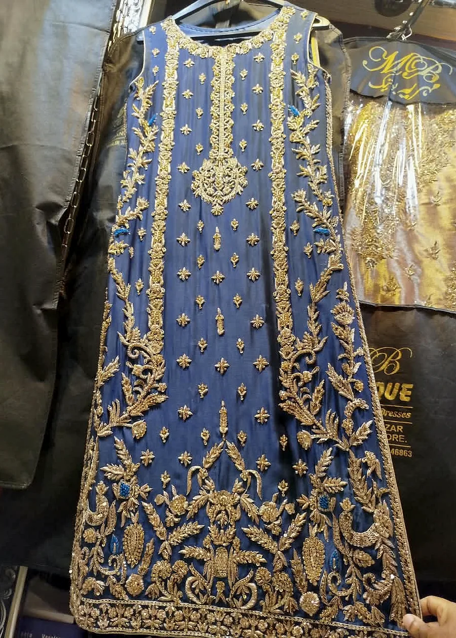 Royal blue formal dress with handmade golden embroidery