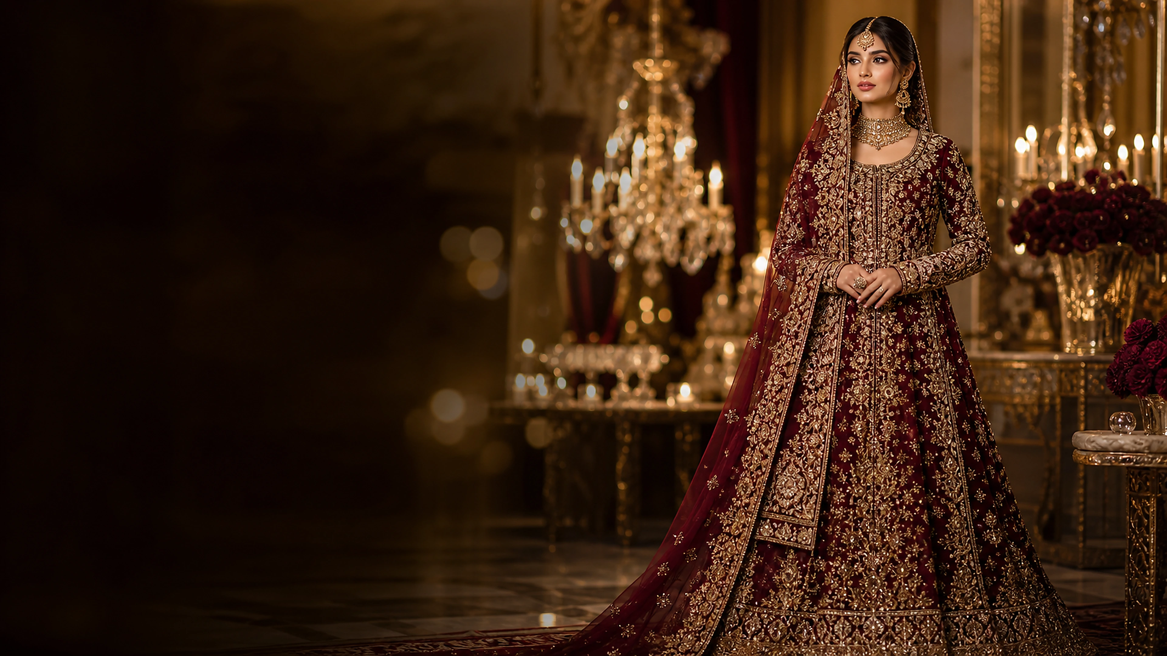Text-free 4K luxury bridal boutique background with maroon handmade embroidery dress