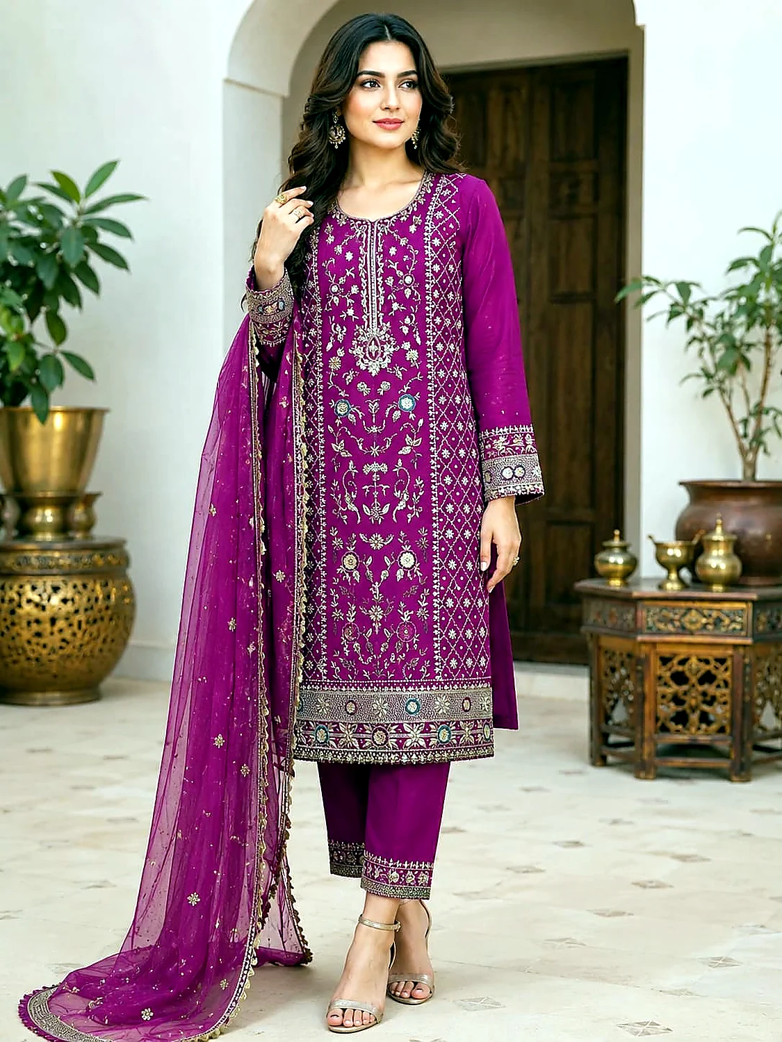 Magenta embroidered three piece suit with dupatta and trouser