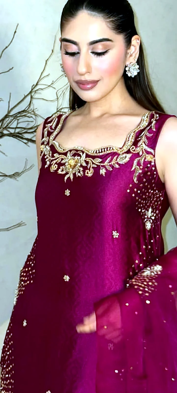 Deep magenta silk party dress neckline embroidery detail