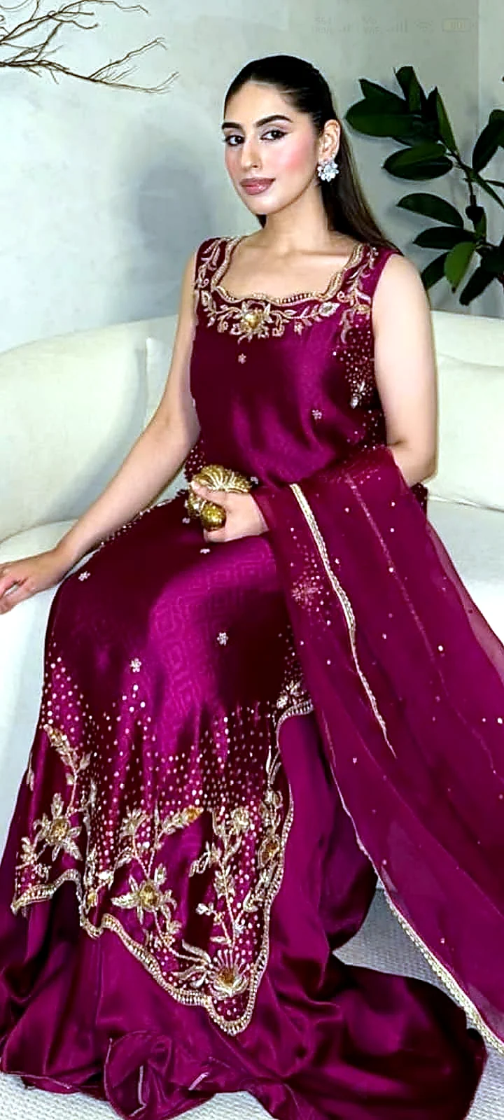 Deep magenta silk party dress seated full view with dupatta