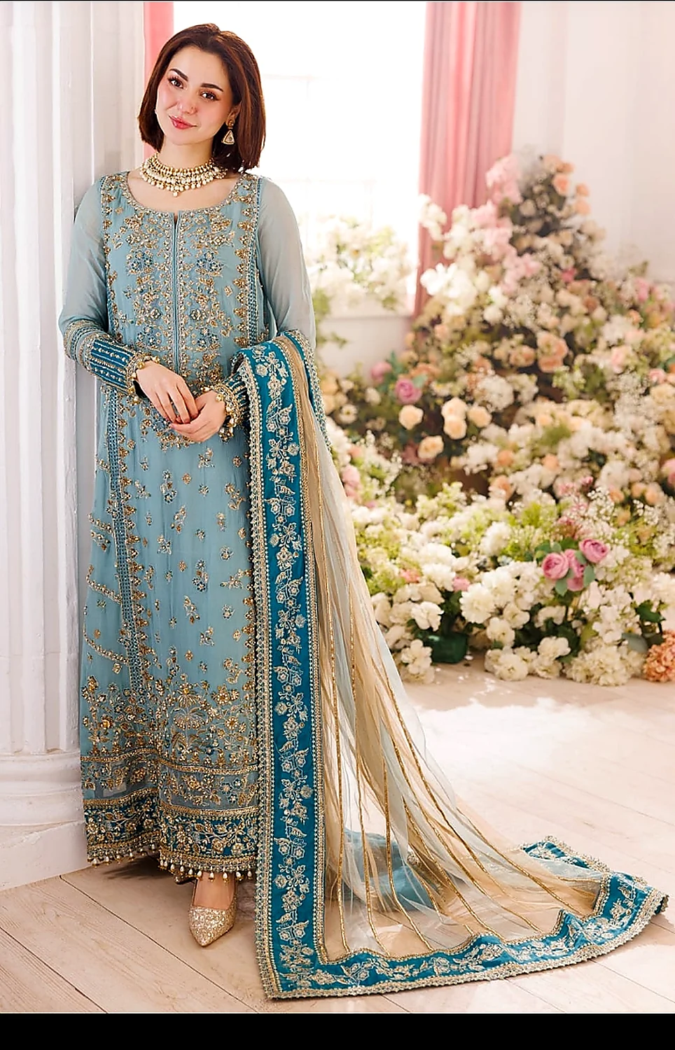 Powder blue formal dress with teal and gold dupatta border