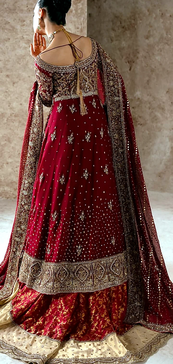 Ruby red bridal farshi dress back view with dupatta border