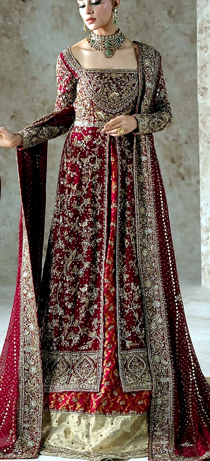 Ruby red bridal farshi dress front angle view