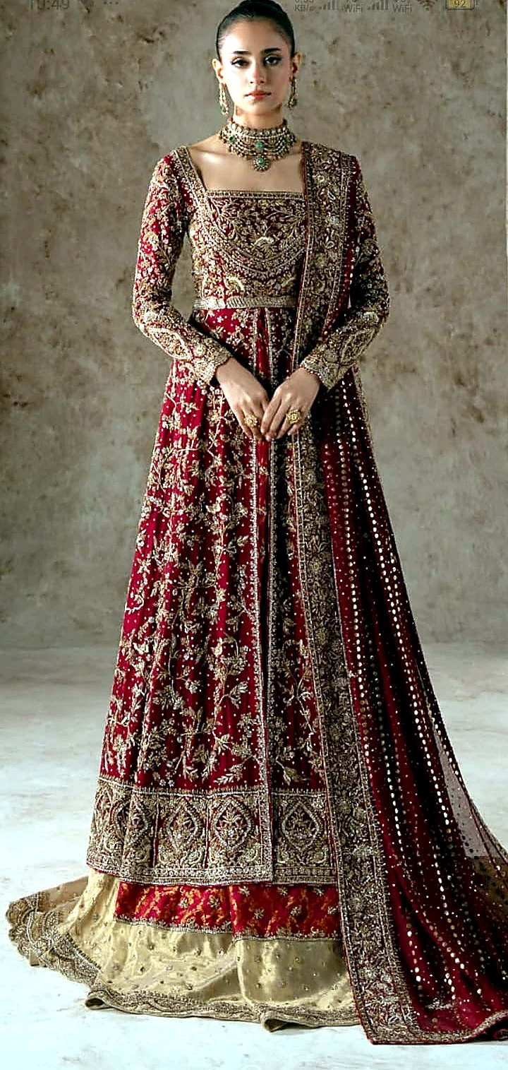 Ruby red bridal farshi dress full front view with heavy dupatta