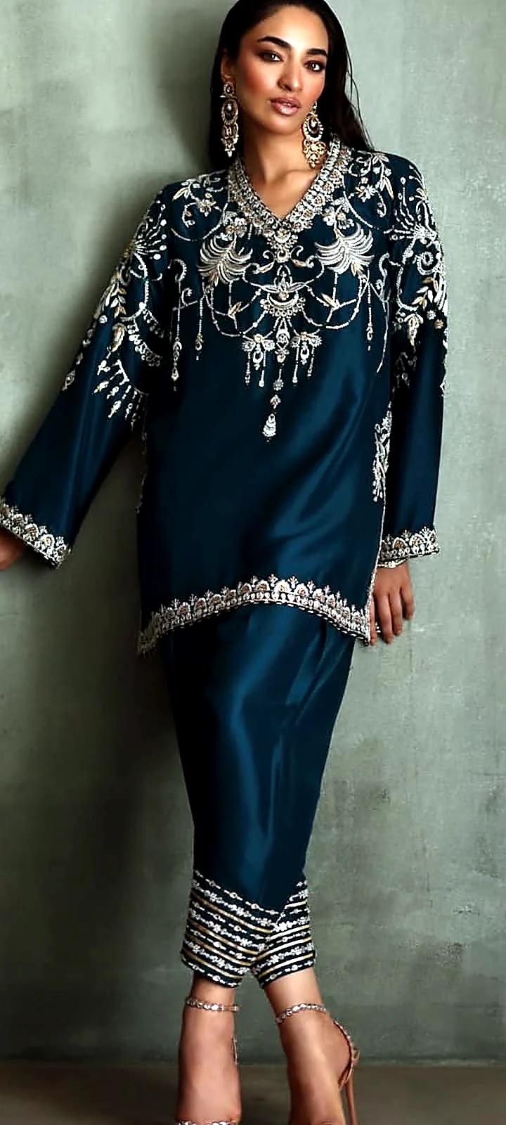 Deep teal modern formal shirt and trouser angled view